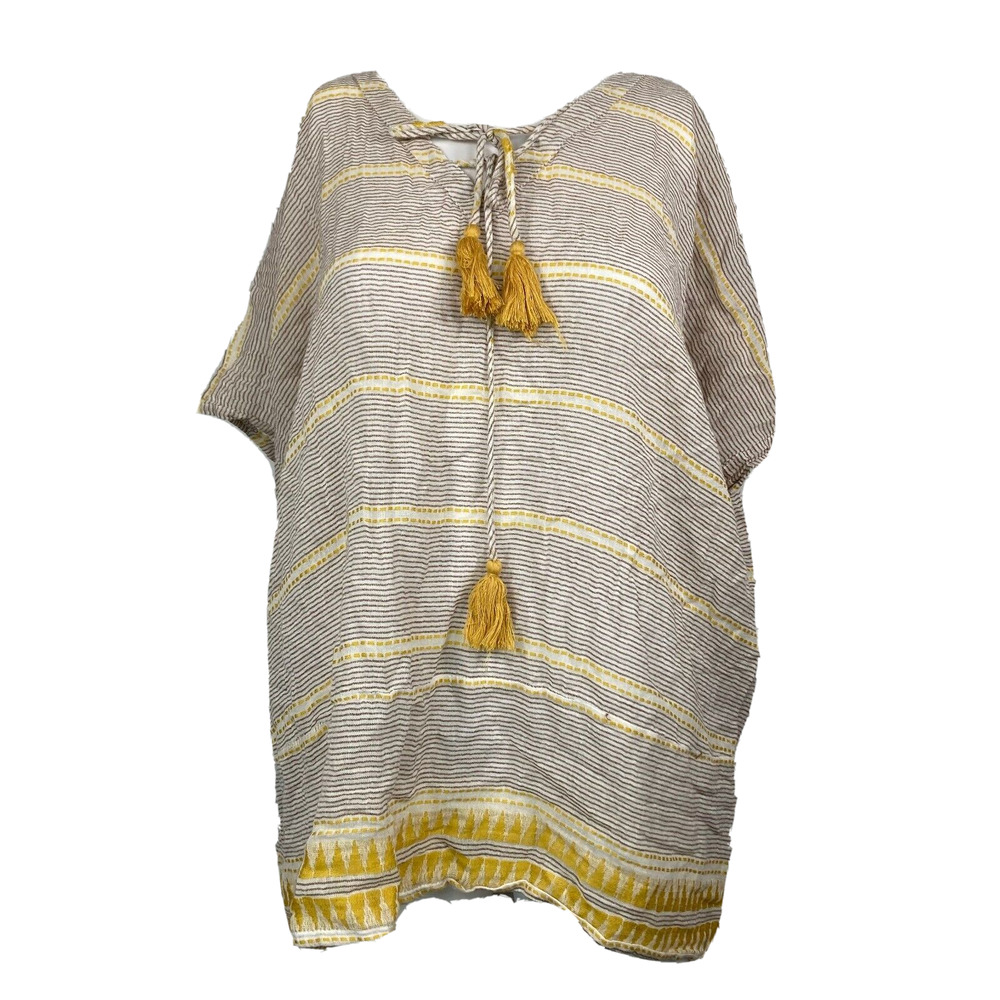 En Creme Shirt Womens Sz‎ S Brown Ivory Striped Cotton V-Neck Tassel Blouse